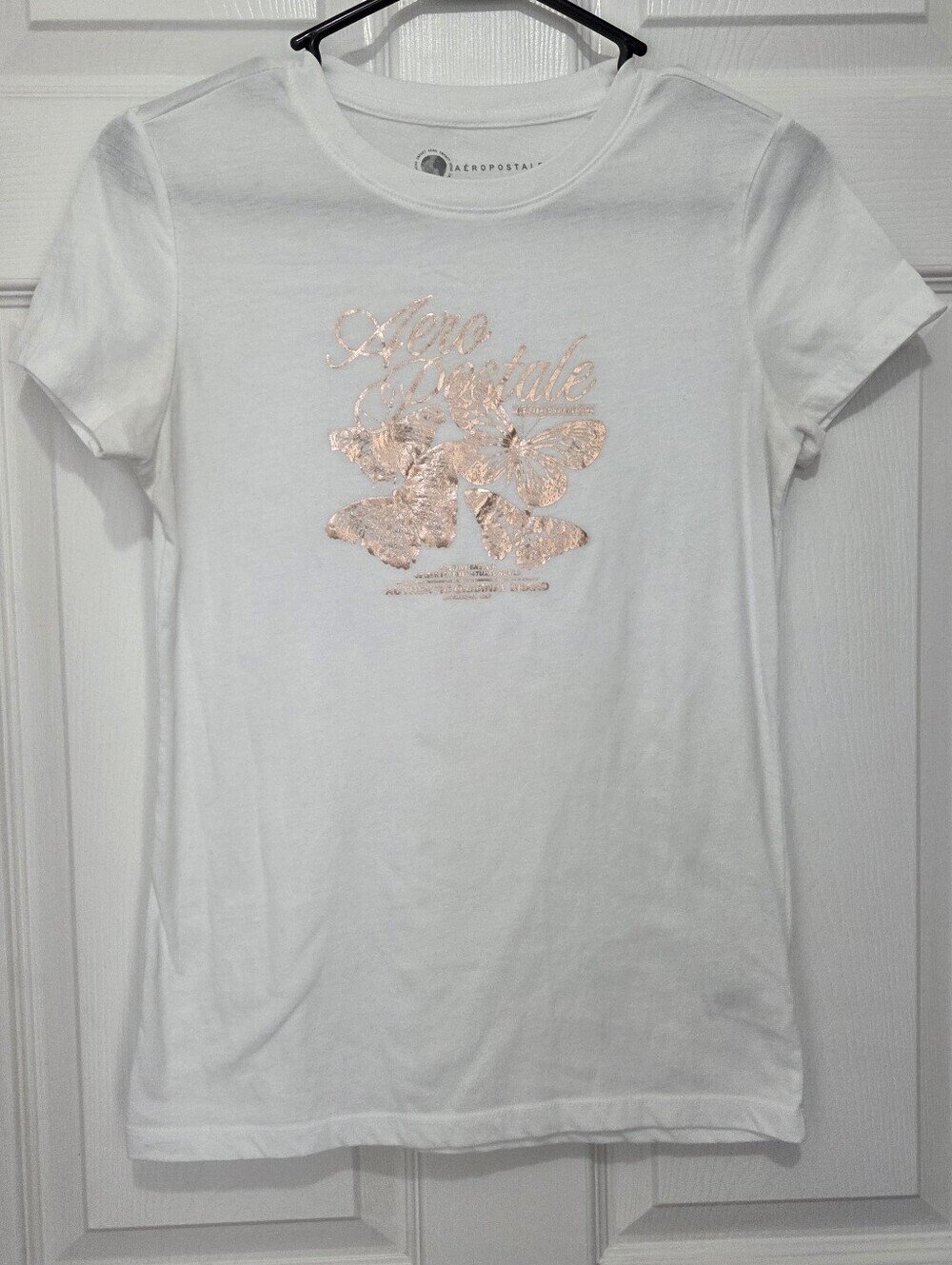 Aéropostale White Tee with Rose Gold Butterfly Foil Graphic Size Medium